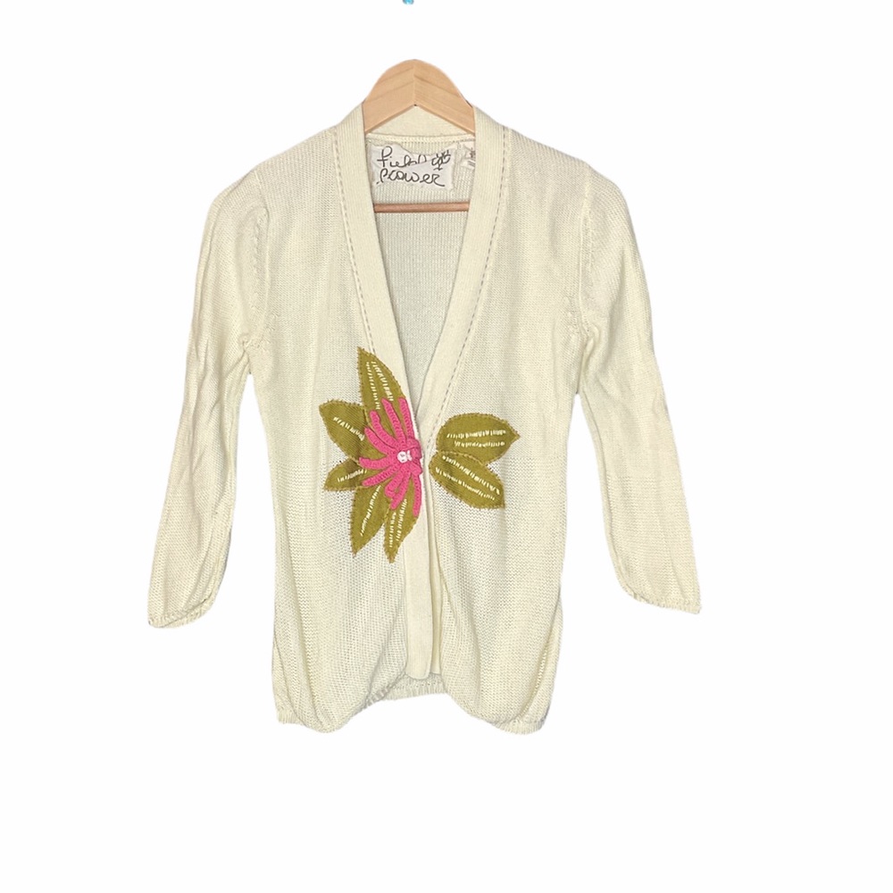 Field & Flower Cream Flower Appliqué Cardigan L